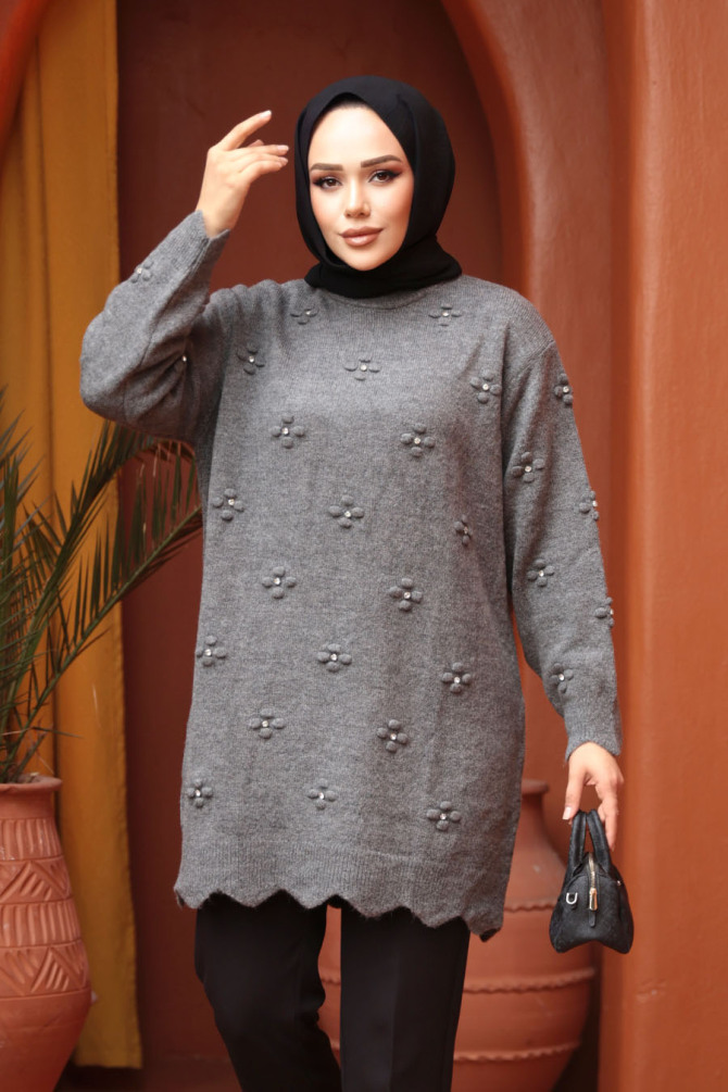 Çiçek Detaylı Füme Tesettür Triko Kazak Tunik 8764FU - N.S NEVA STYLE