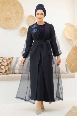 Çiçek Detaylı Lacivert Tesettür Abaya 46651L - Thumbnail