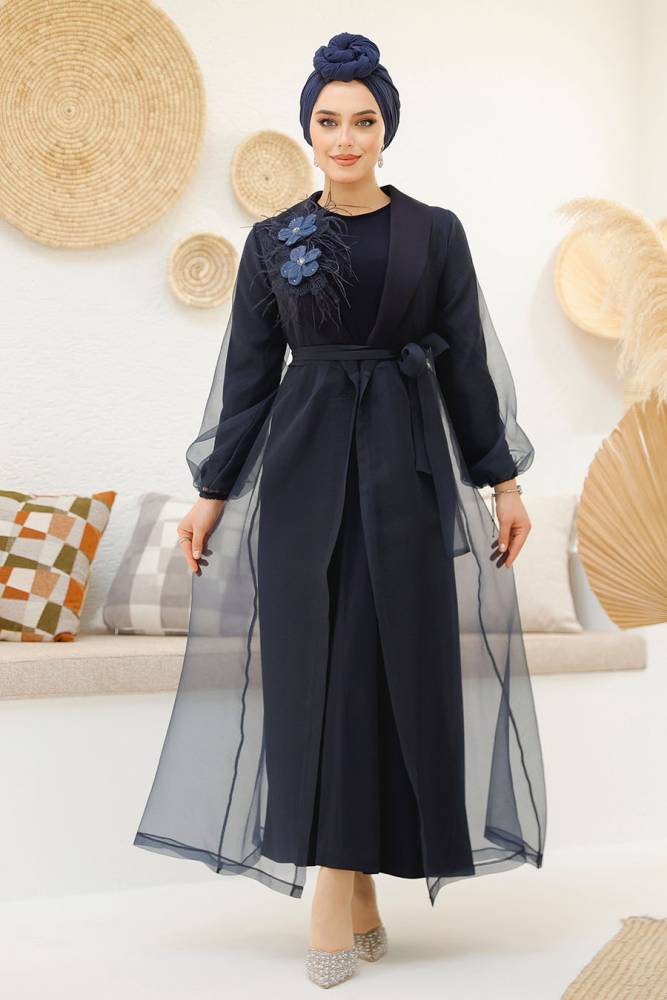 Çiçek Detaylı Lacivert Tesettür Abaya 46651L - 3
