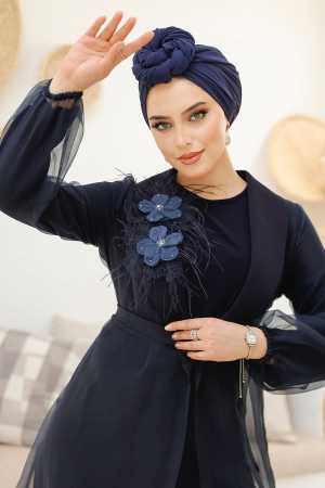 Çiçek Detaylı Lacivert Tesettür Abaya 46651L - Thumbnail