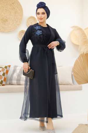 Çiçek Detaylı Lacivert Tesettür Abaya 46651L - Thumbnail