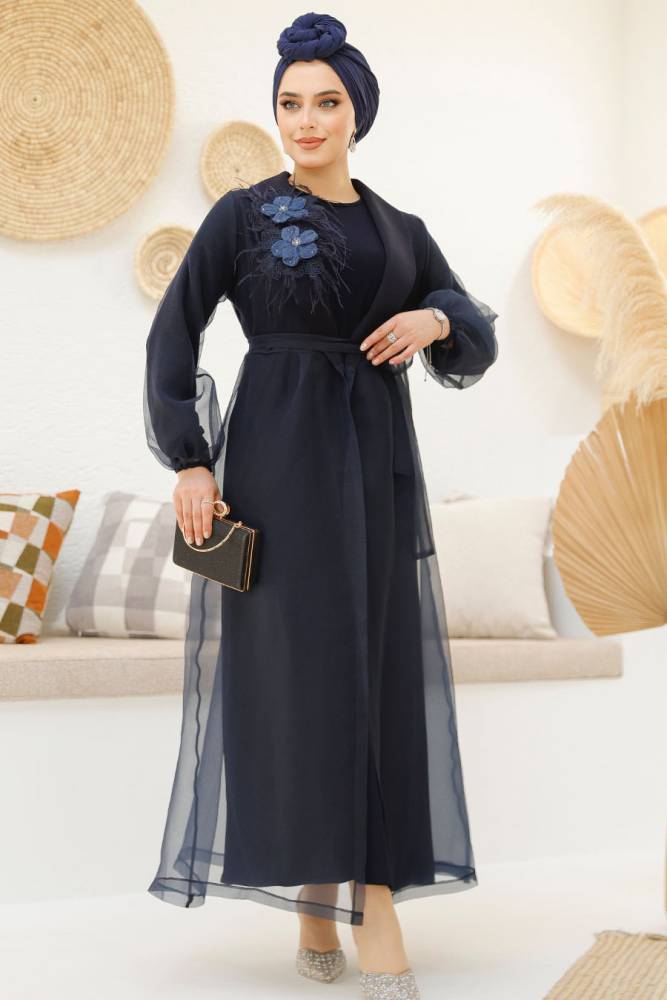 Çiçek Detaylı Lacivert Tesettür Abaya 46651L - 1