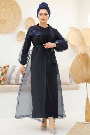 Çiçek Detaylı Lacivert Tesettür Abaya 46651L - Thumbnail