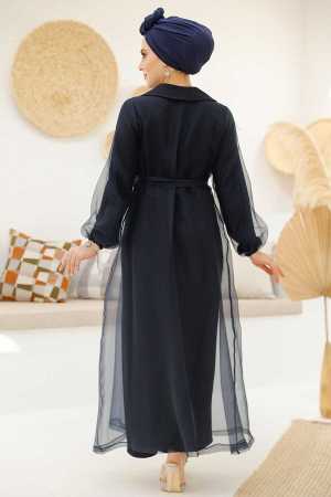 Çiçek Detaylı Lacivert Tesettür Abaya 46651L - Thumbnail