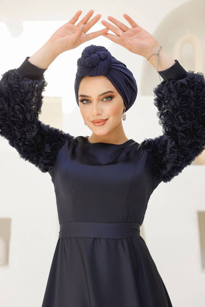  Çiçek Detaylı Lacivert Tesettür Saten Abiye Elbise 4661L - 5