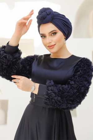  Çiçek Detaylı Lacivert Tesettür Saten Abiye Elbise 4661L - 2