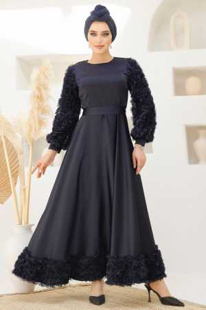  Çiçek Detaylı Lacivert Tesettür Saten Abiye Elbise 4661L - 4