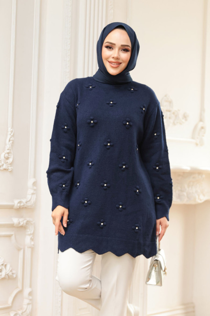 Çiçek Detaylı Lacivert Tesettür Triko Kazak Tunik 8764L - 2