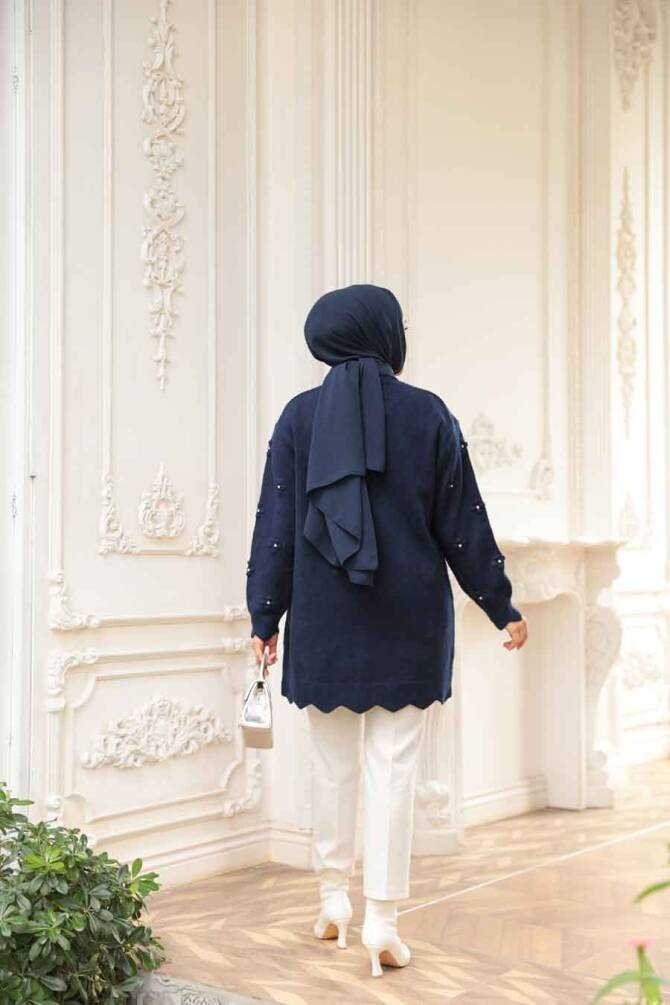 Çiçek Detaylı Lacivert Tesettür Triko Kazak Tunik 8764L - 3