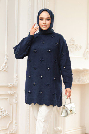 Çiçek Detaylı Lacivert Tesettür Triko Kazak Tunik 8764L - 1