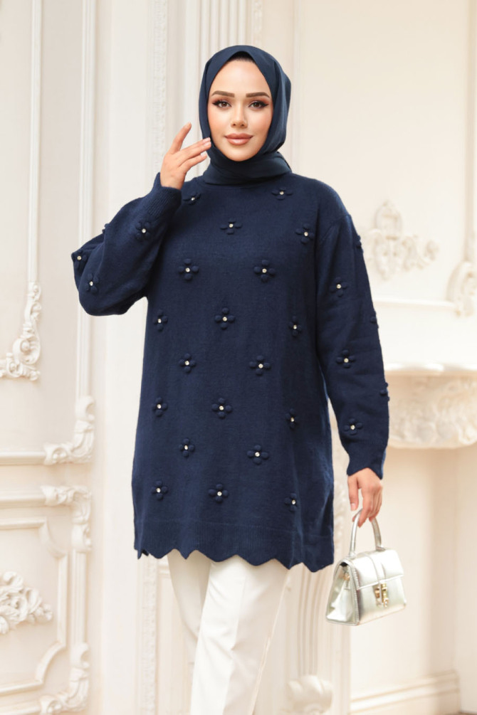Çiçek Detaylı Lacivert Tesettür Triko Kazak Tunik 8764L - 1