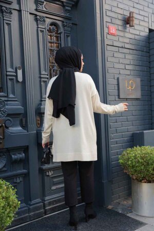 Çiçek Detaylı Merserize Krem Tesettür Triko Kazak Tunik 24330KR - 3