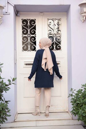 Çiçek Detaylı Merserize Lacivert Tesettür Triko Kazak Tunik 24330L - 3