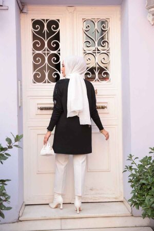 Boncuk Detaylı Merserize Siyah Tesettür Triko Kazak Tunik 50062S - 4