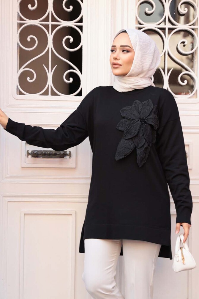 Çiçek Detaylı Merserize Siyah Tesettür Triko Kazak Tunik 24330S - 2