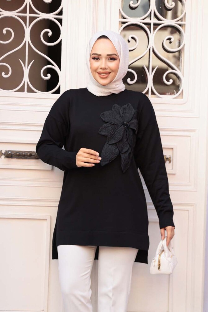 Çiçek Detaylı Merserize Siyah Tesettür Triko Kazak Tunik 24330S - 3
