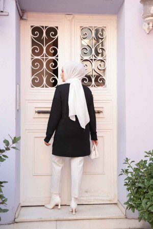 Çiçek Detaylı Merserize Siyah Tesettür Triko Kazak Tunik 24330S - 4