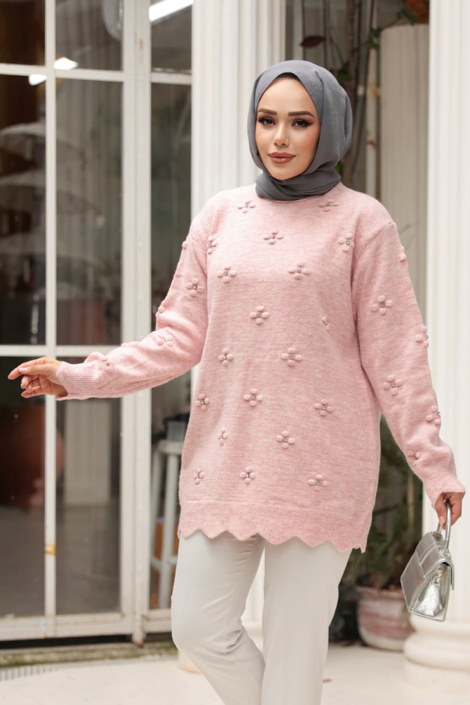 Çiçek Detaylı Pudra Tesettür Triko Kazak Tunik 8764PD - 2