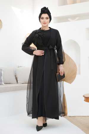 Çiçek Detaylı Siyah Tesettür Abaya 46651S - Thumbnail