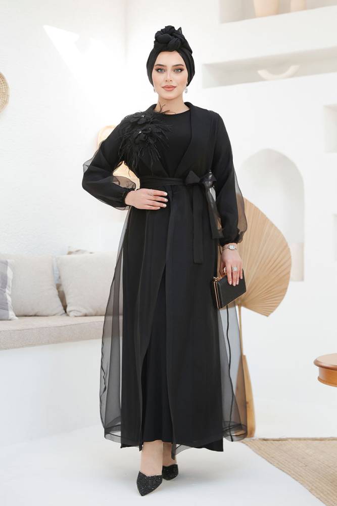 Çiçek Detaylı Siyah Tesettür Abaya 46651S - 3