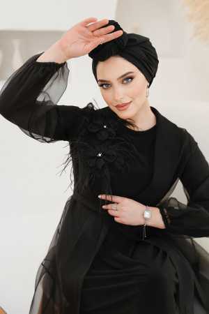 Çiçek Detaylı Siyah Tesettür Abaya 46651S - Thumbnail