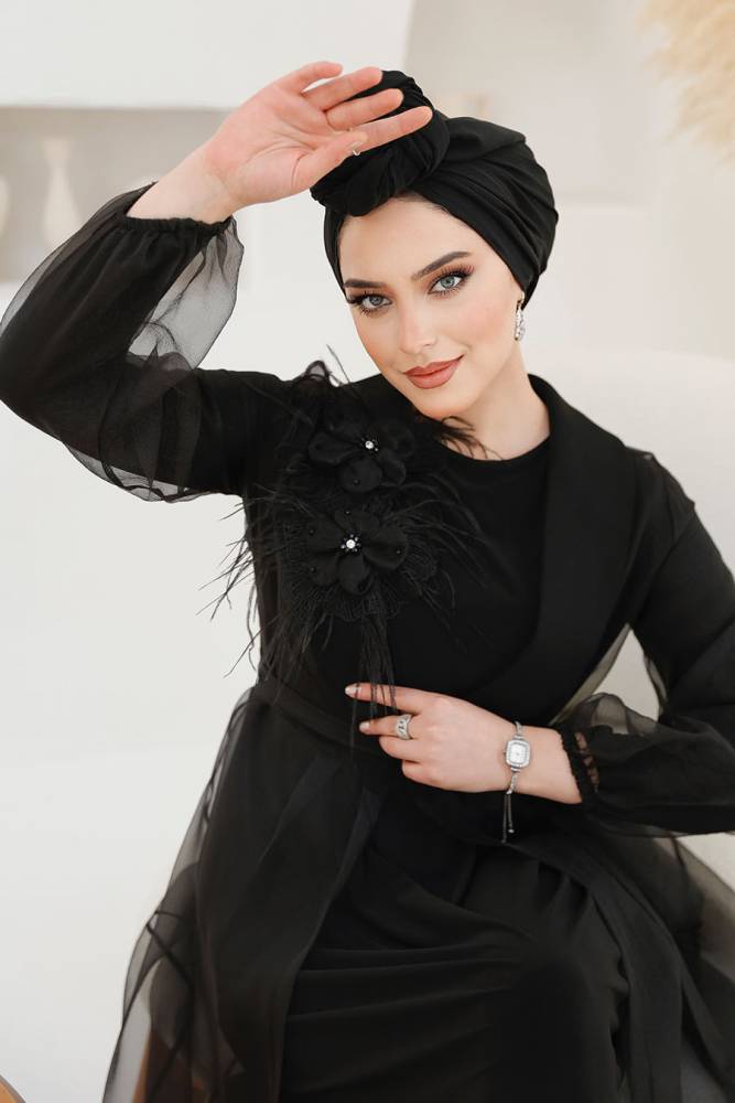 Çiçek Detaylı Siyah Tesettür Abaya 46651S - 4