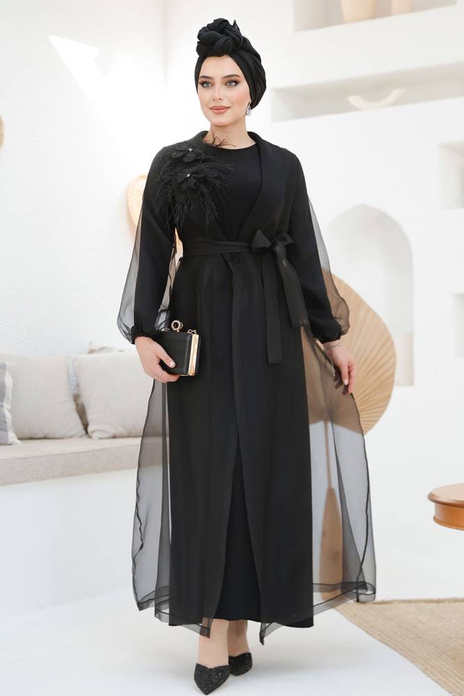 Çiçek Detaylı Siyah Tesettür Abaya 46651S - 1