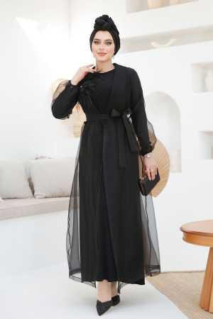 Çiçek Detaylı Siyah Tesettür Abaya 46651S - Thumbnail