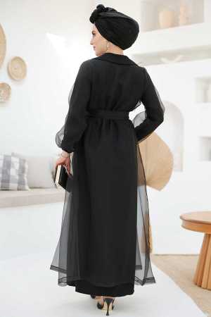 Çiçek Detaylı Siyah Tesettür Abaya 46651S - Thumbnail