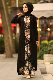 Çiçek Detaylı Siyah Tesettür Elbise 100387S - Thumbnail