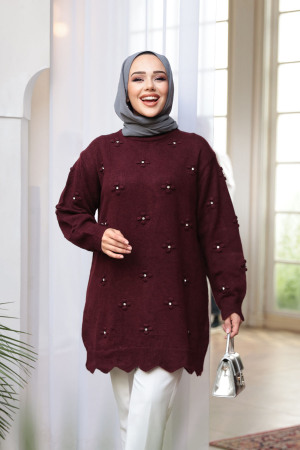 Çiçek Detaylı Vişne Tesettür Triko Kazak Tunik 8764VSN - 2