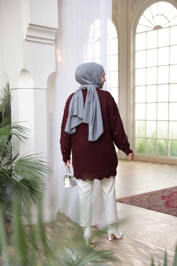 Çiçek Detaylı Vişne Tesettür Triko Kazak Tunik 8764VSN - 3