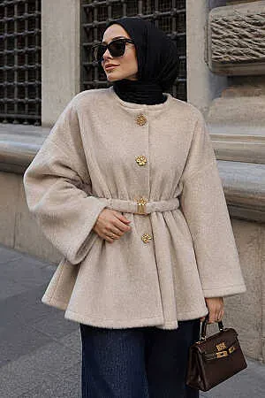 Çiçek Düğme Detaylı Beli Büzgülü Fox Angora Bej Tesettür Kaban 55026BEJ - 1