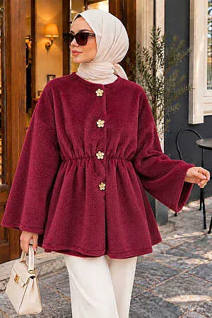 Çiçek Düğme Detaylı Beli Büzgülü Fox Angora Bordo Tesettür Kaban 55026BR 