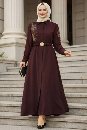 Çiçek Nakışlı Kemerli Mürdüm Tesettür Elbise 60103MU 