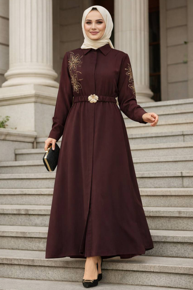 Çiçek Nakışlı Kemerli Mürdüm Tesettür Elbise 60103MU - 1