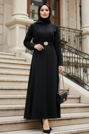 Çiçek Nakışlı Kemerli Siyah Tesettür Elbise 60103S - 1