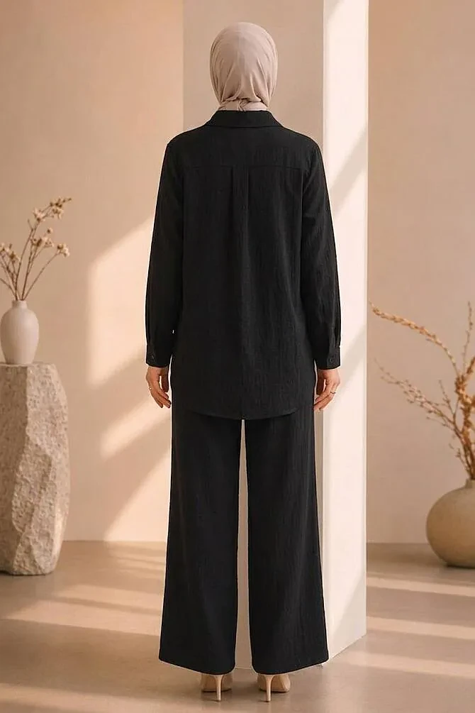 Çiçek Nakışlı Zara Saten Siyah Tesettür İkili Takım 15695S - 2