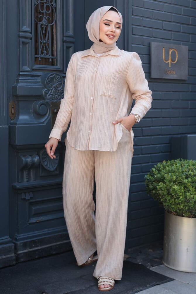 Çizgi Detaylı Bej Tesettür İkili Takım 32336BEJ - 2