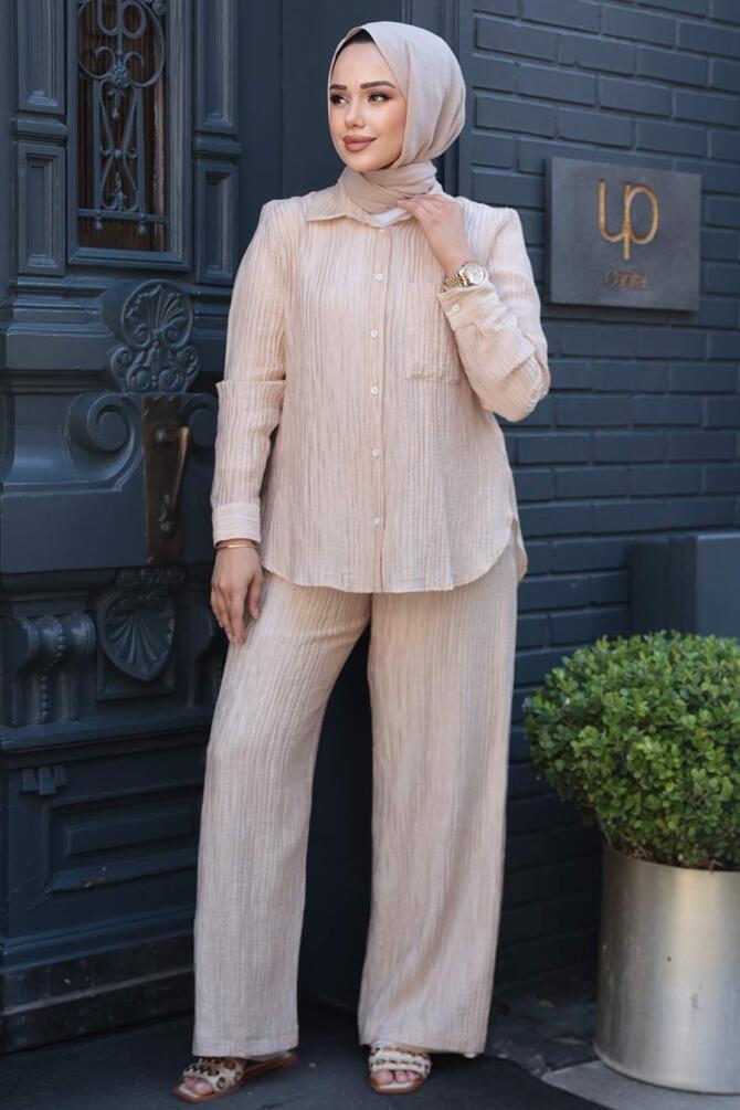 Çizgi Detaylı Bej Tesettür İkili Takım 32336BEJ - 1