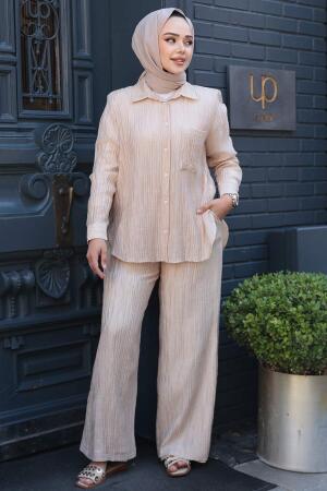 Çizgi Detaylı Bej Tesettür İkili Takım 32336BEJ - 3