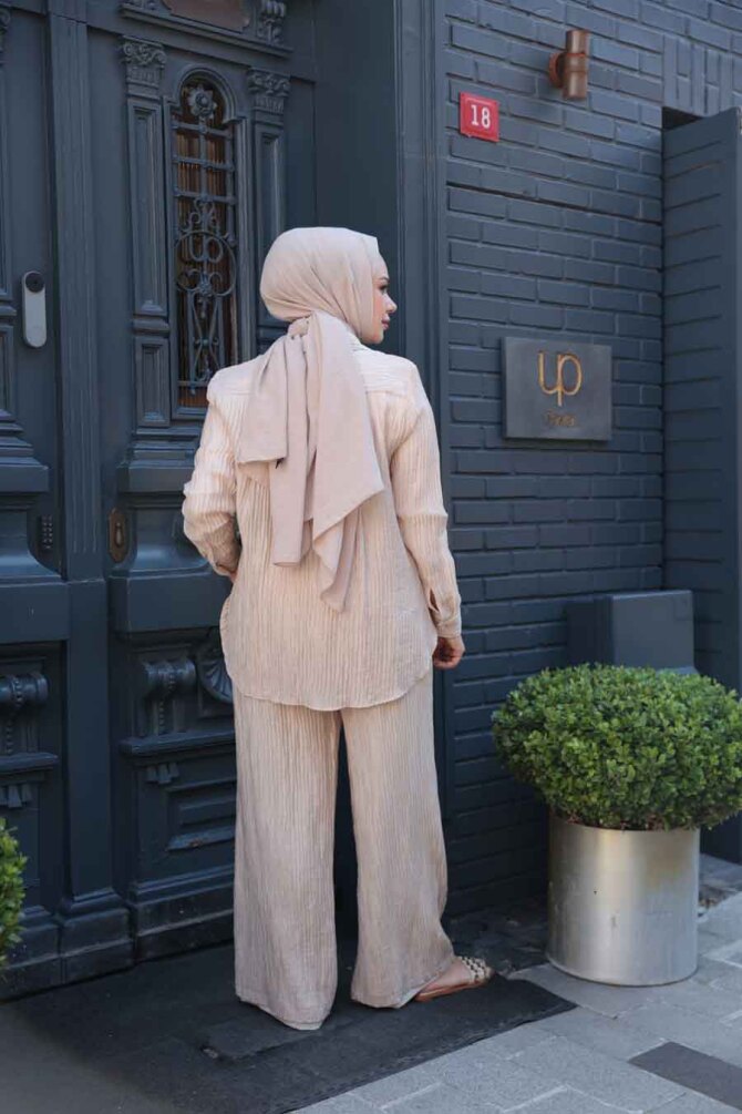 Çizgi Detaylı Bej Tesettür İkili Takım 32336BEJ - 4