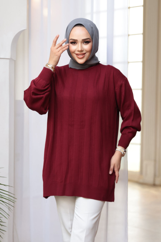 Çizgi Detaylı Bordo Tesettür Triko Kazak Tunik 30661BR - 1