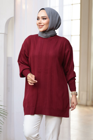 Çizgi Detaylı Bordo Tesettür Triko Kazak Tunik 30661BR - 2