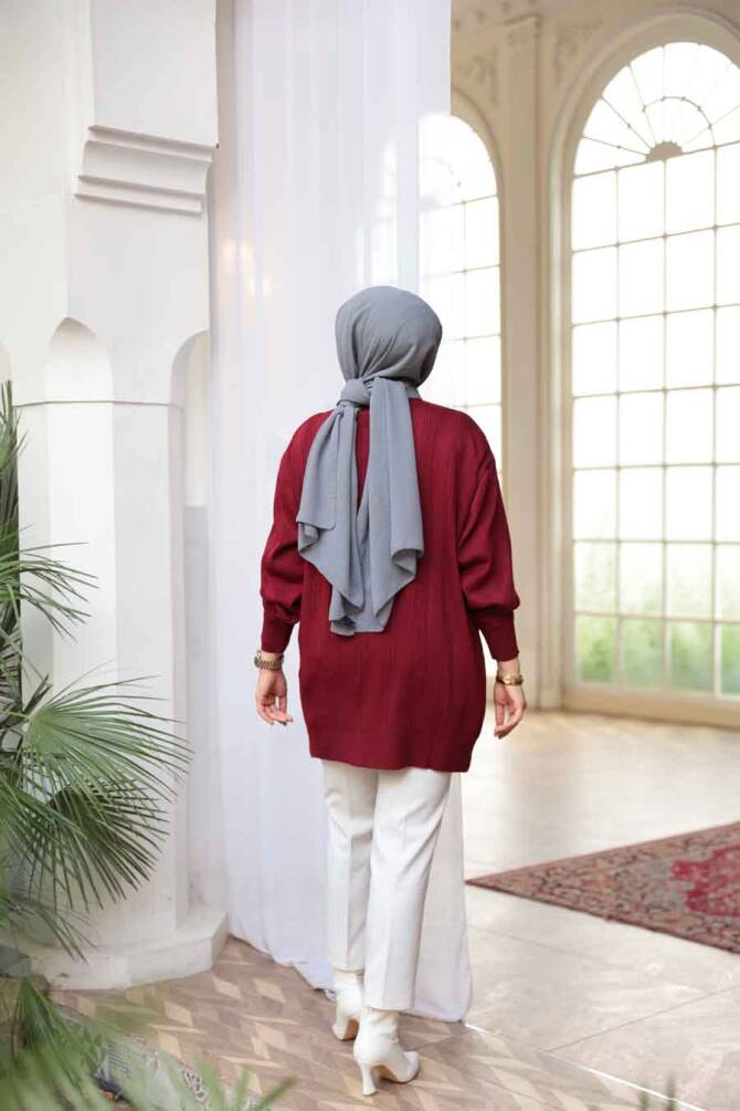 Çizgi Detaylı Bordo Tesettür Triko Kazak Tunik 30661BR - 3