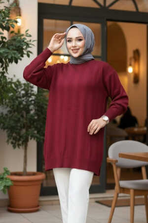Çizgi Detaylı Bordo Tesettür Triko Kazak Tunik 30661BR - 1