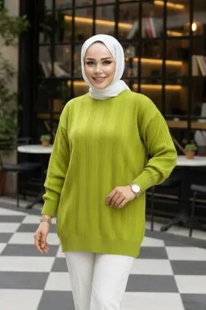 Çizgi Detaylı Fıstık Yeşili Tesettür Triko Kazak Tunik 30661FY 