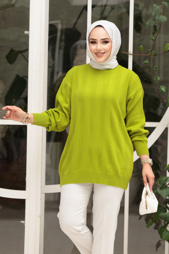 Çizgi Detaylı Fıstık Yeşili Tesettür Triko Kazak Tunik 30661FY - 2