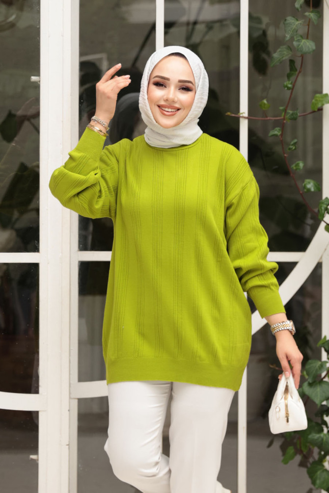 Çizgi Detaylı Fıstık Yeşili Tesettür Triko Kazak Tunik 30661FY - 3