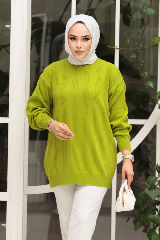 Çizgi Detaylı Fıstık Yeşili Tesettür Triko Kazak Tunik 30661FY - 1